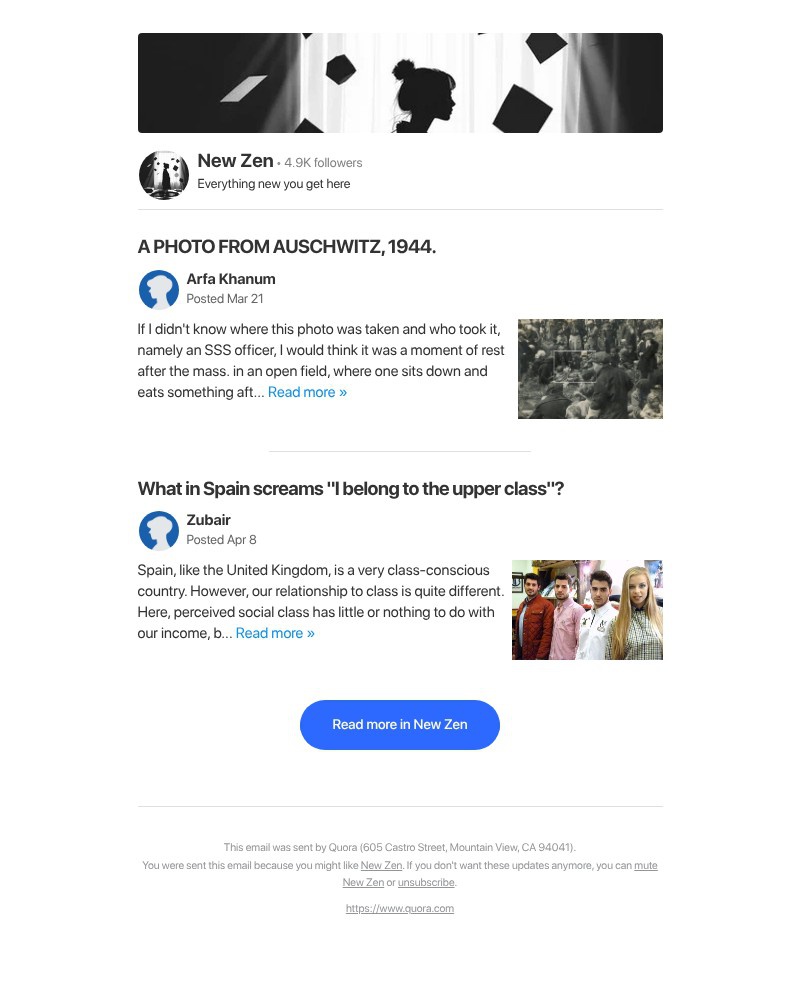 Screenshot of email sent to a Quora Registered user