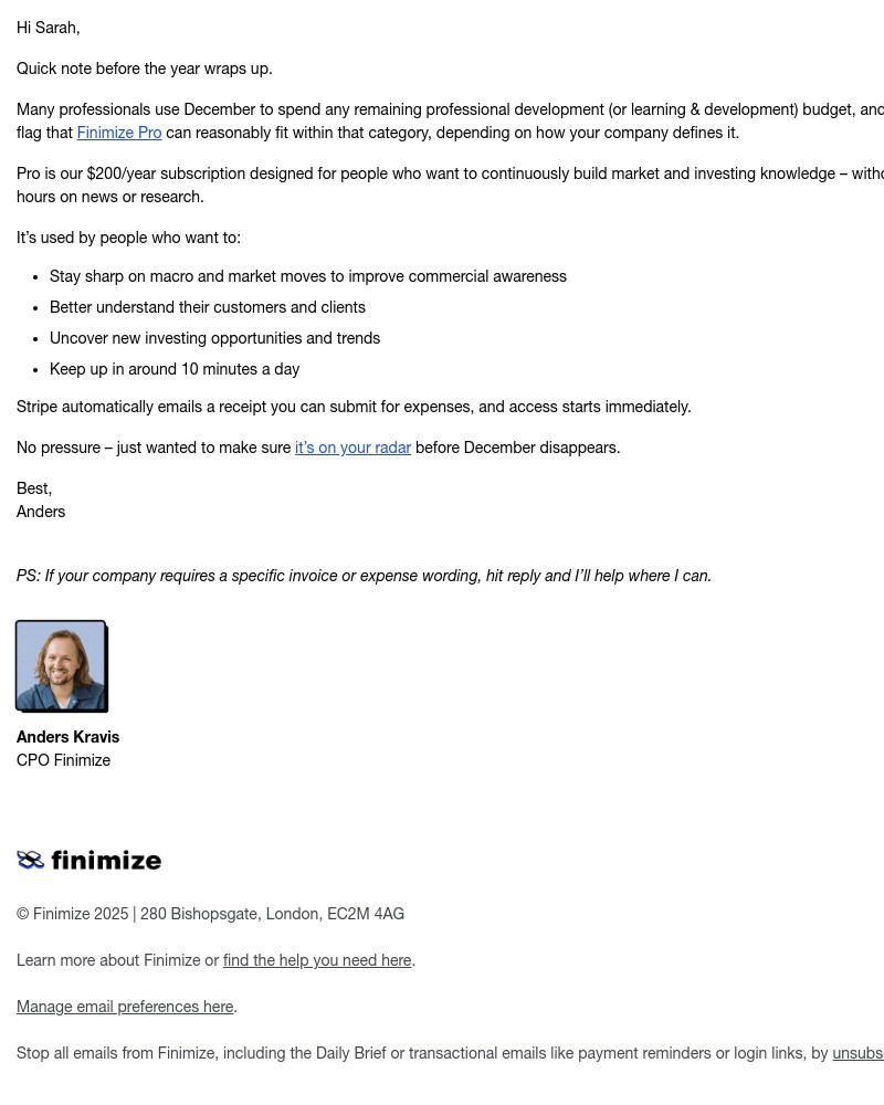 Screenshot of email sent to a Finimize Registered user