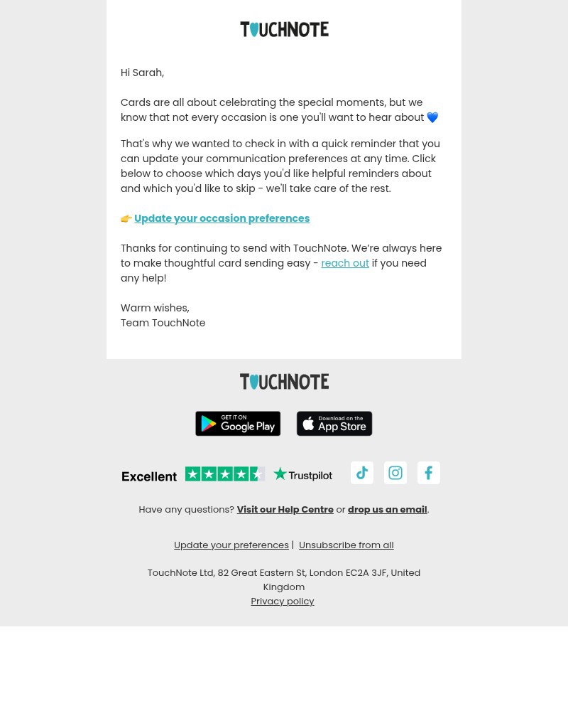 Screenshot of email sent to a TouchNote Customer