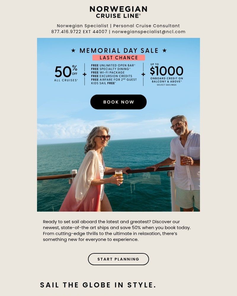 Screenshot of email sent to a Norwegian Cruise Line Newsletter subscriber