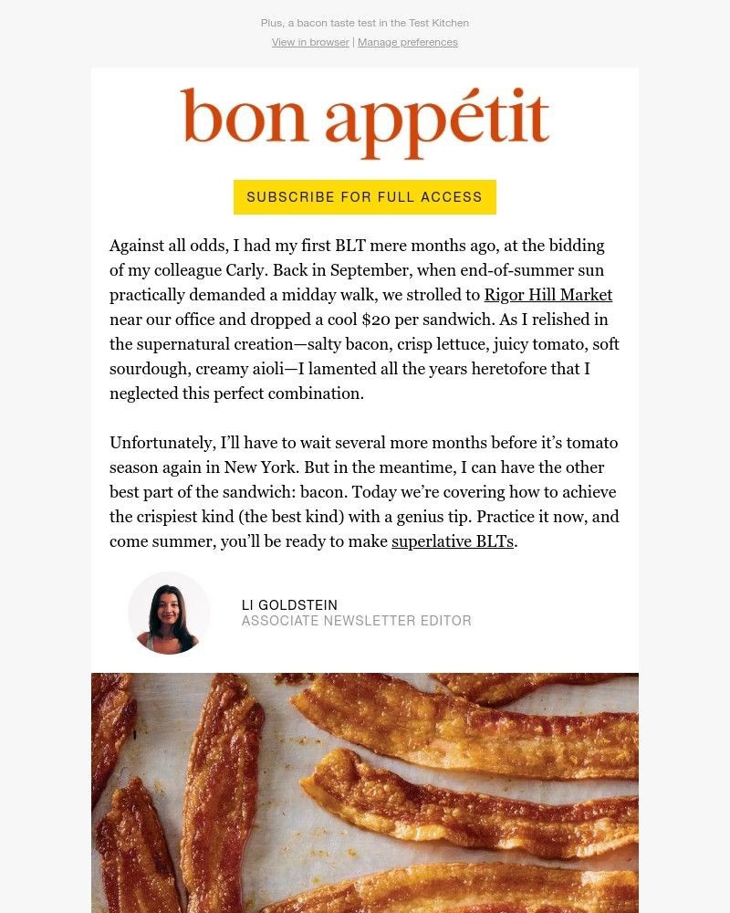 Screenshot of email sent to a Bon Appétit Newsletter subscriber