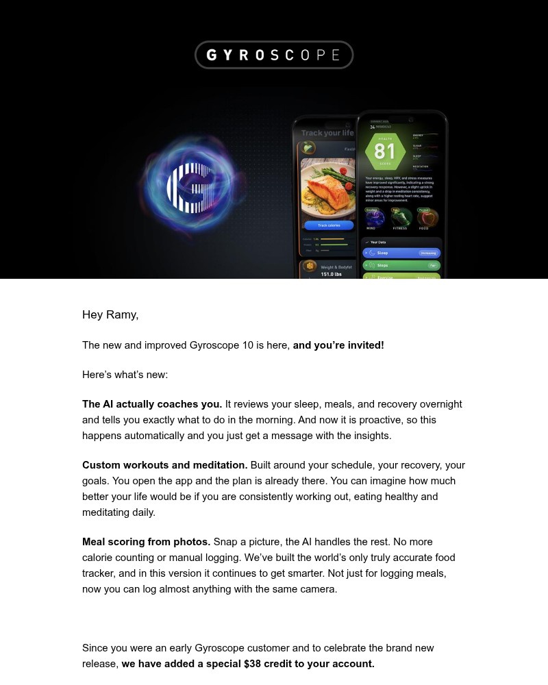Screenshot of email sent to a Gyroscope Registered user