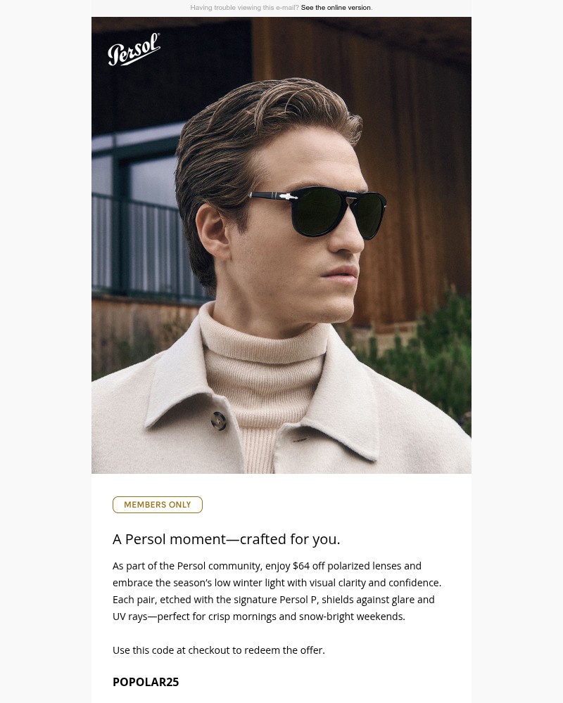 Screenshot of email sent to a Persol Newsletter subscriber