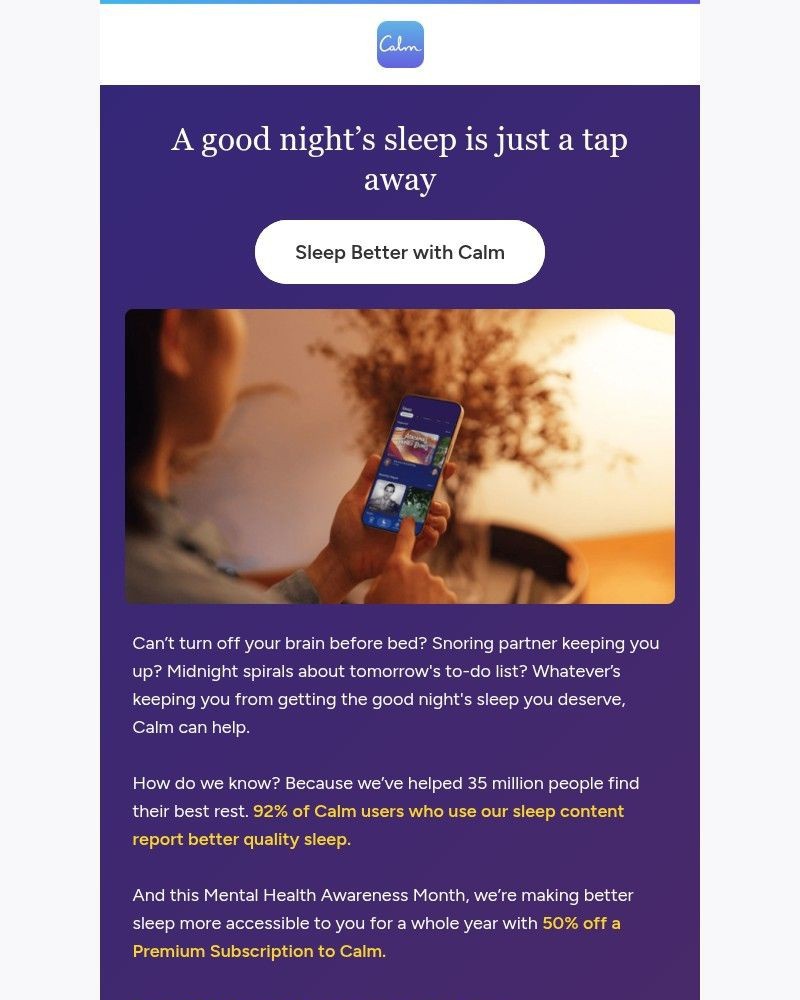 Screenshot of email sent to a Calm Registered user