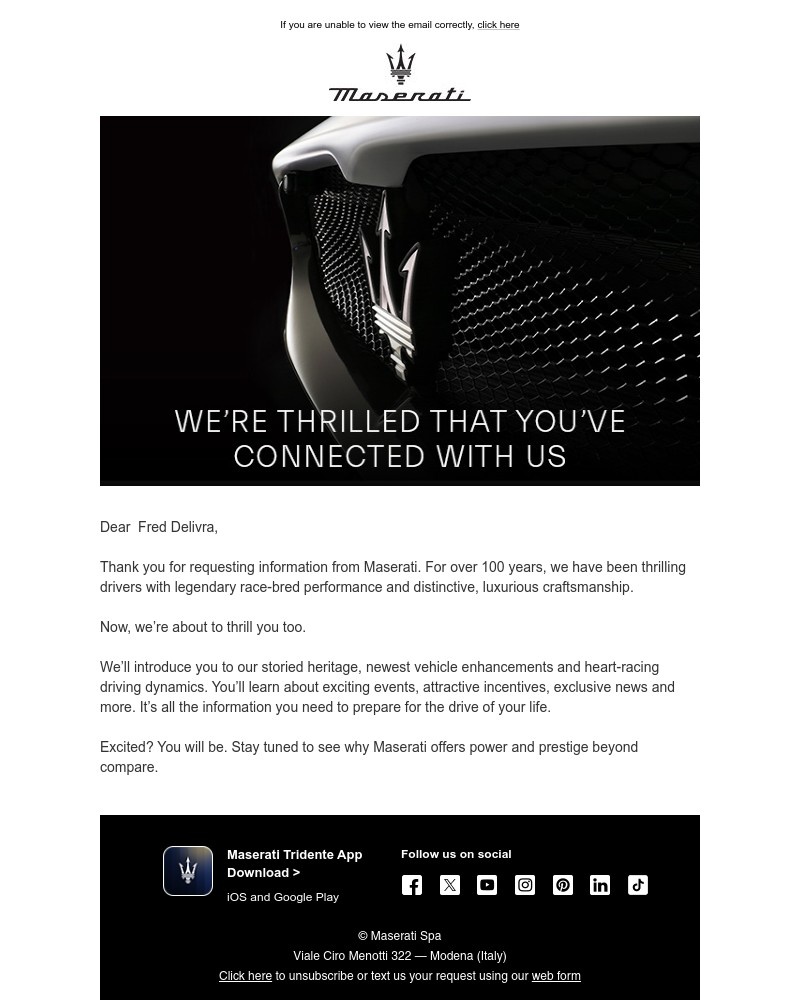 Screenshot of email sent to a Maserati Newsletter subscriber