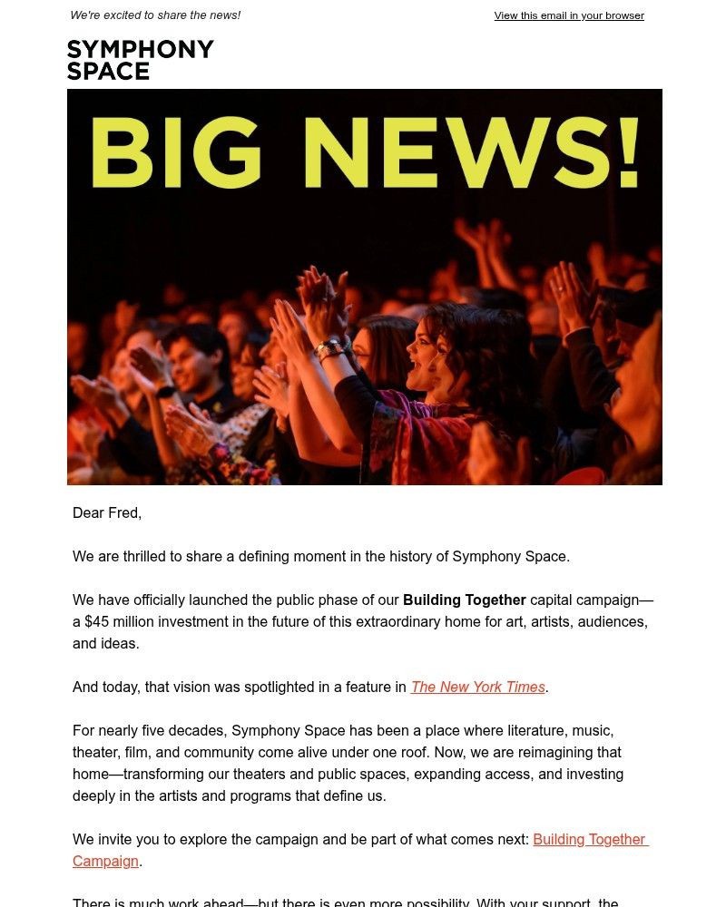 Screenshot of email sent to a Symphony Space Newsletter subscriber