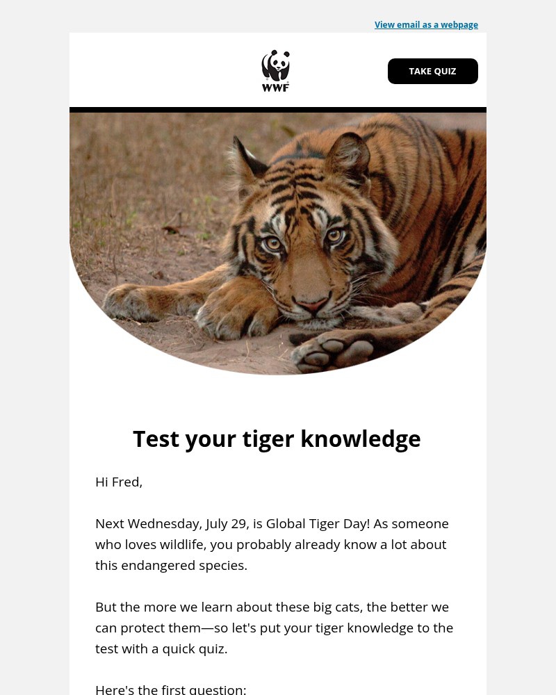 Screenshot of email sent to a World Wildlife Fund Newsletter subscriber