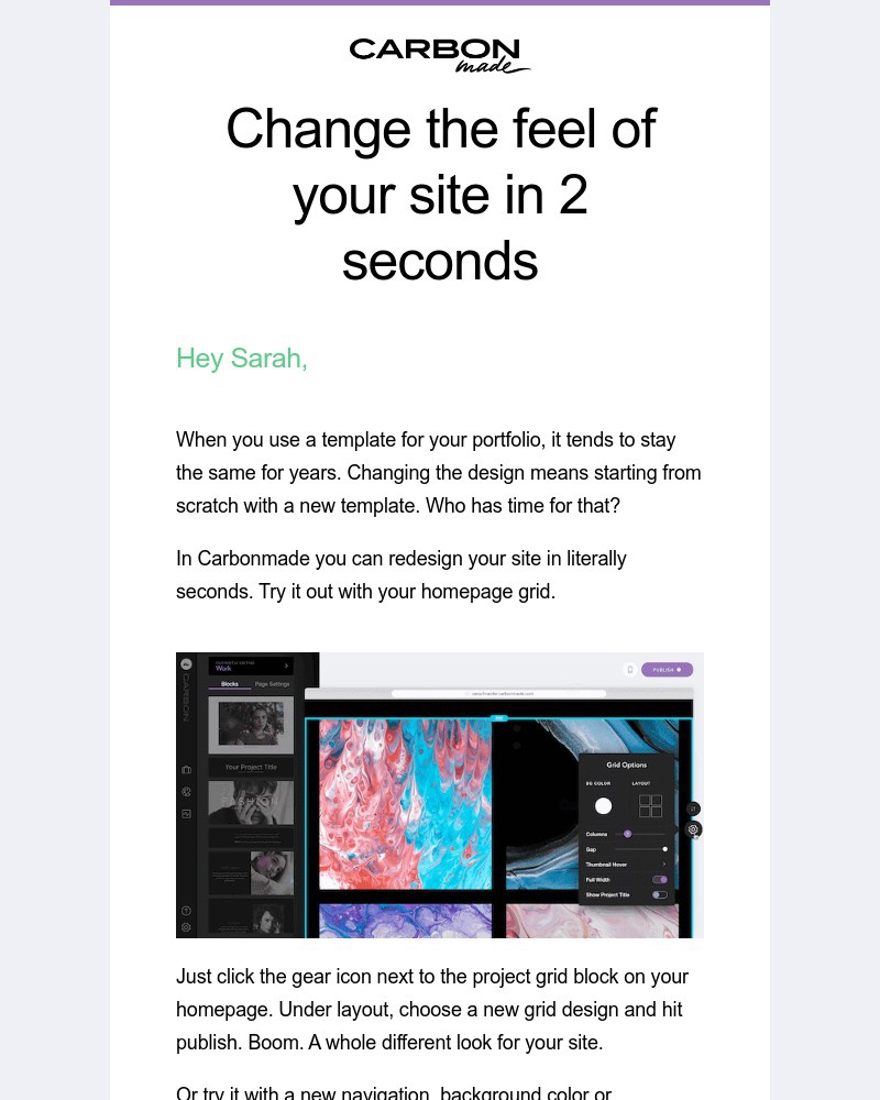 Screenshot of email sent to a Carbonmade Trial user