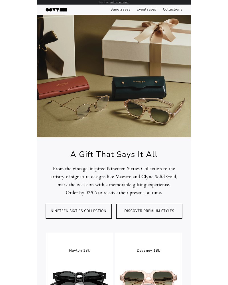 Screenshot of email sent to a Oliver Peoples Newsletter subscriber