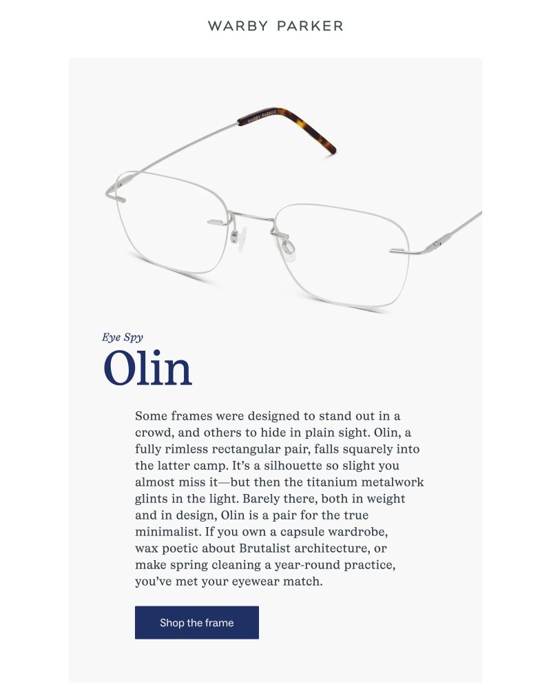 Screenshot of email sent to a Warby Parker Newsletter subscriber