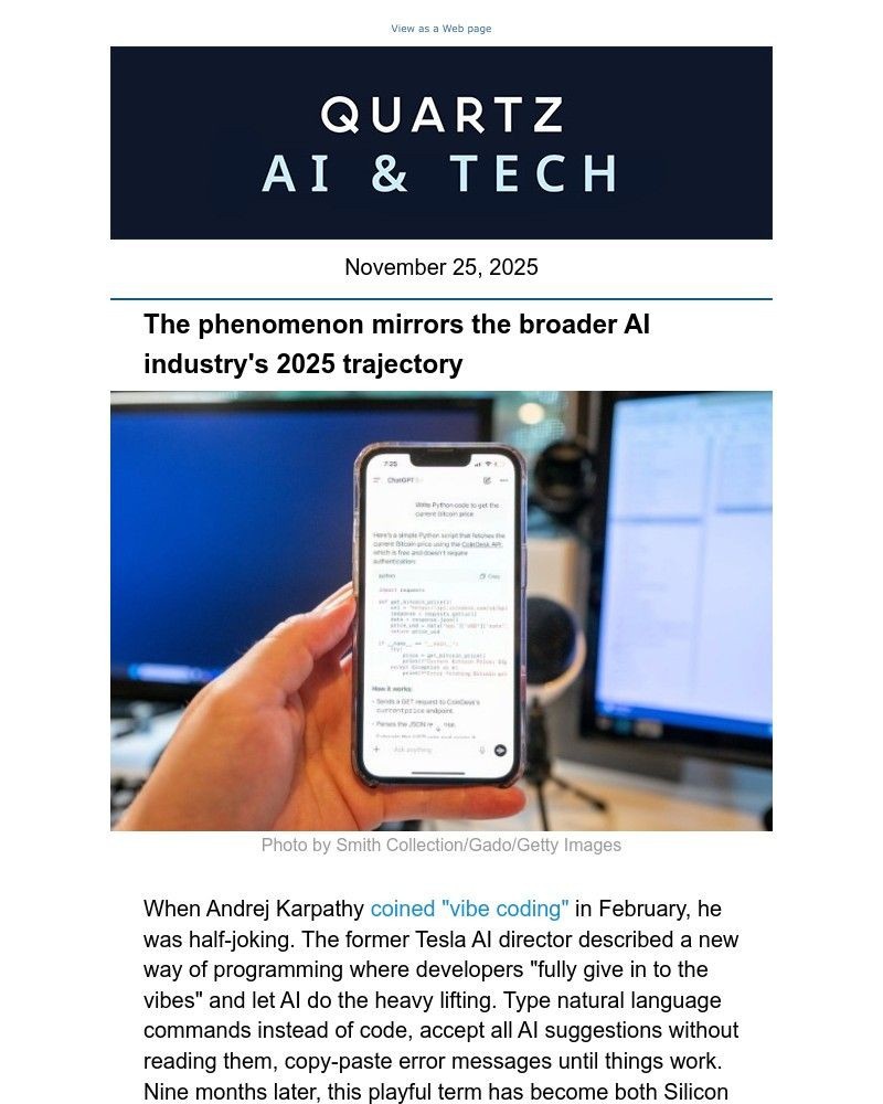 Screenshot of email sent to a Quartz Newsletter subscriber
