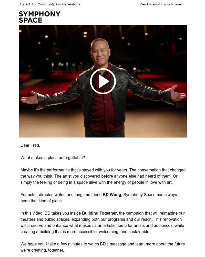 Screenshot of email sent to a Symphony Space Newsletter subscriber