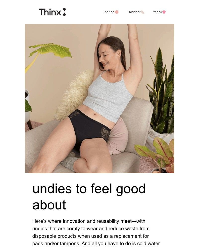 Screenshot of email sent to a Thinx Newsletter subscriber