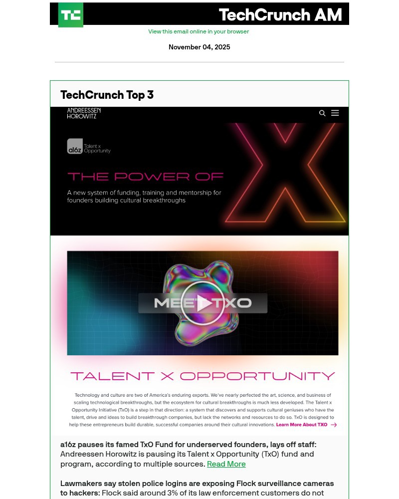 Screenshot of email with subject /media/emails/a16z-pauses-its-famed-txo-fund-for-underserved-founders-lays-off-staff-f74879-cro_AB2fvE1.jpg