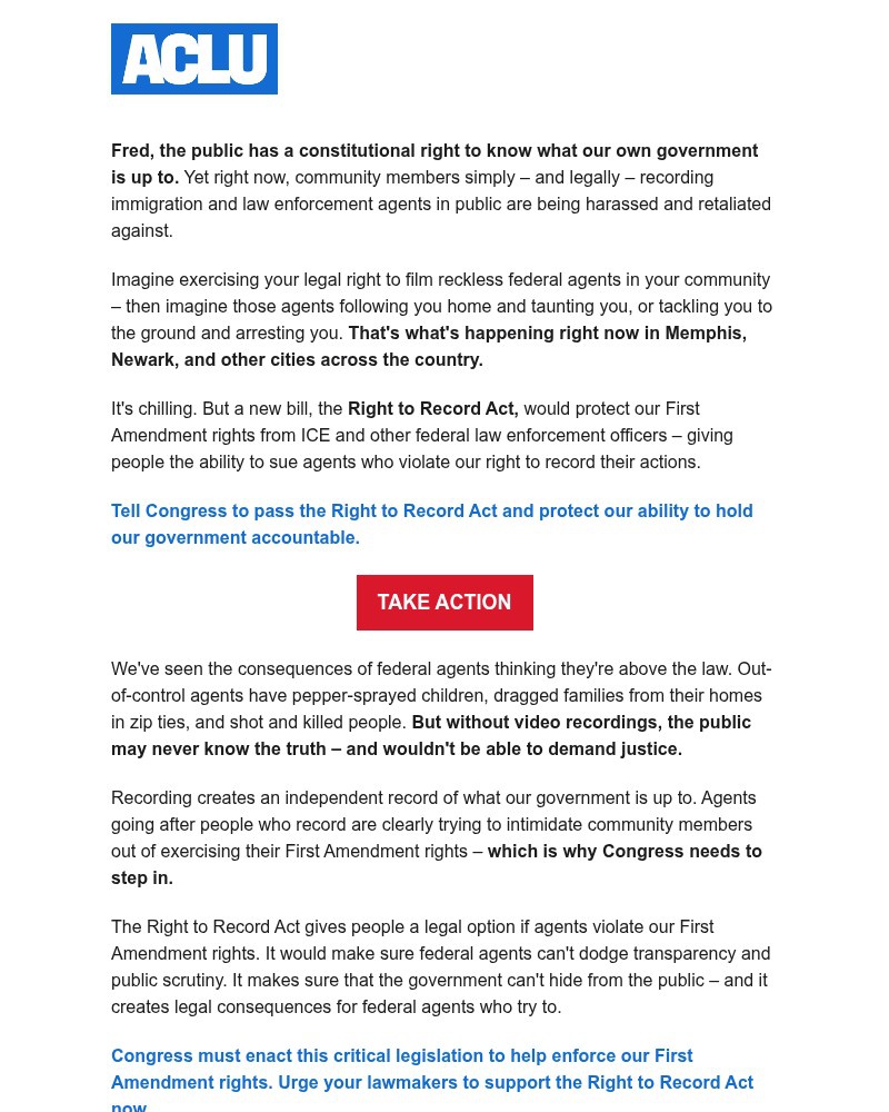 Screenshot of email sent to a American Civil Liberties Union Newsletter subscriber