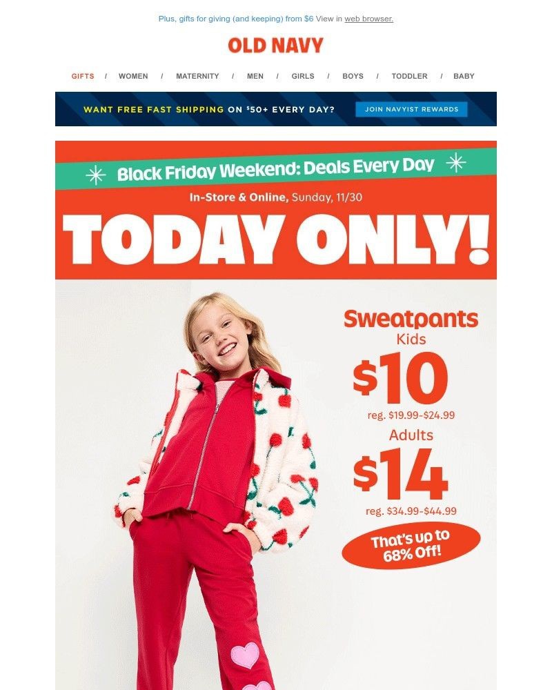 Screenshot of email sent to a Old Navy Newsletter subscriber