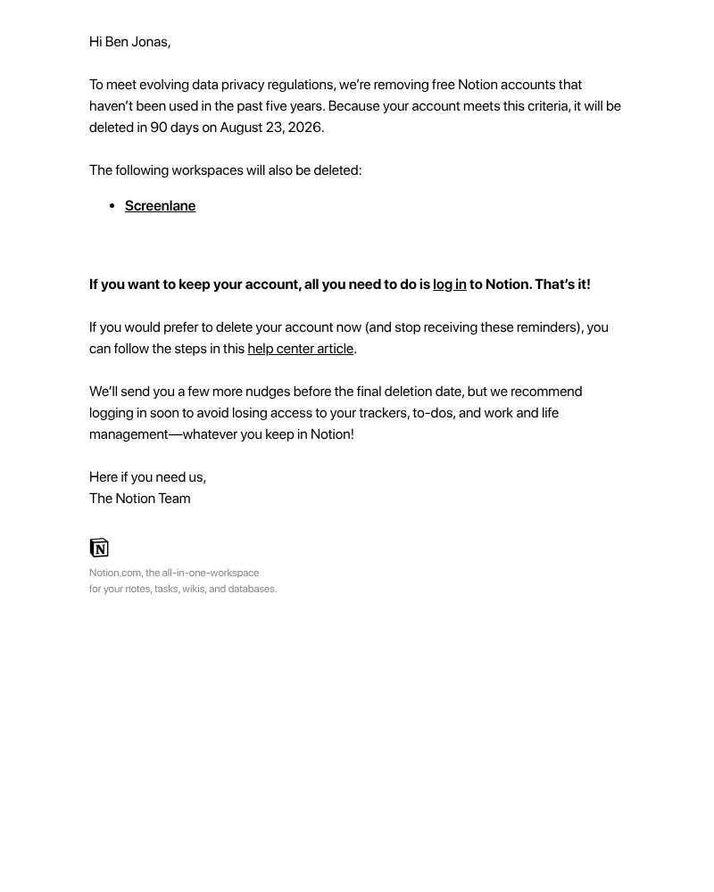 Screenshot of email sent to a Notion Registered user