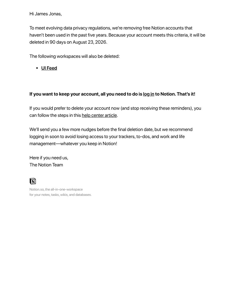 Screenshot of email sent to a Notion Registered user