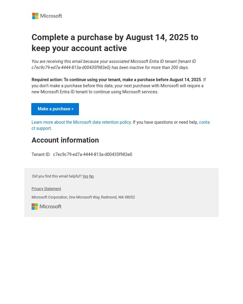 Screenshot of email with subject /media/emails/action-required-make-a-purchase-by-august-14-2025-to-continue-using-your-tenant-2_9HE3Ynh.jpg