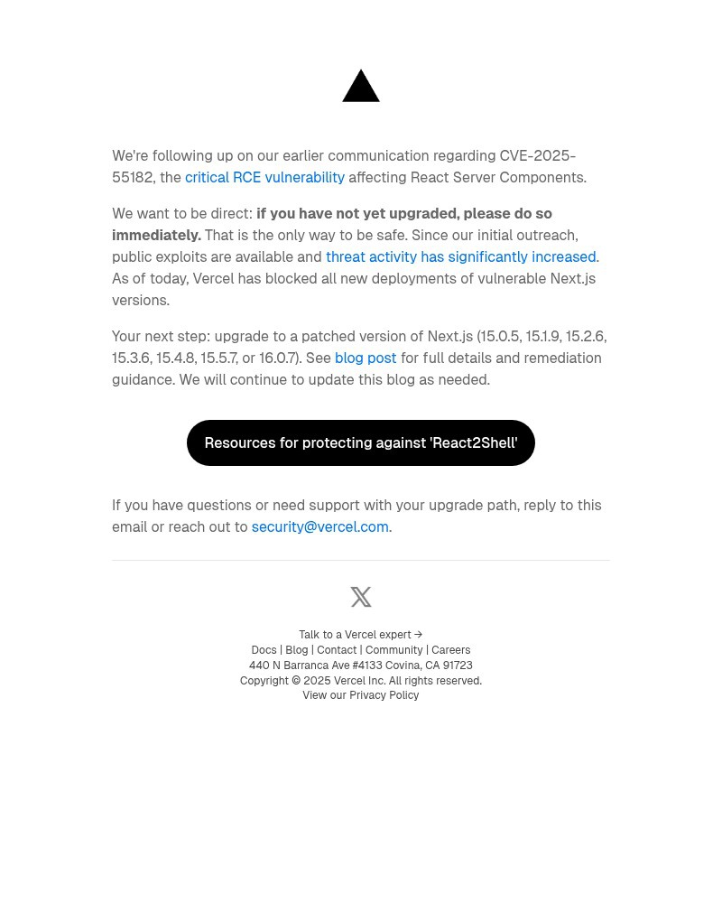 Screenshot of email sent to a Vercel Registered user