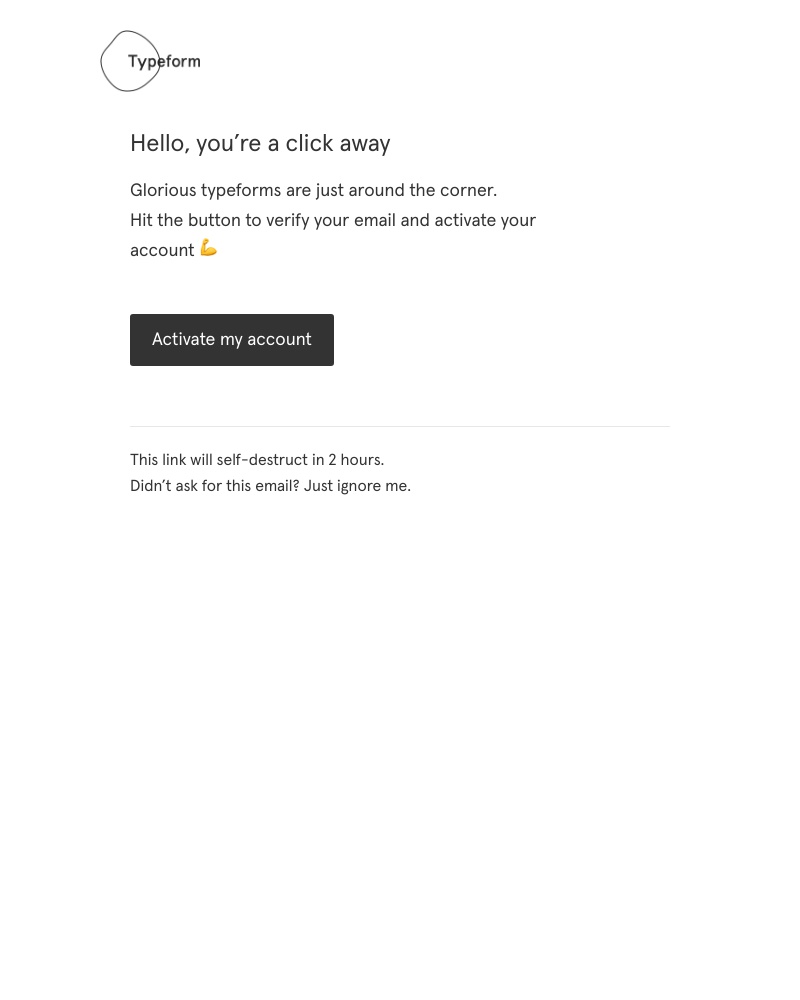 Screenshot of email sent to a Typeform Registered user