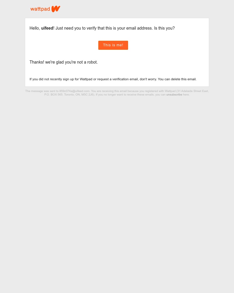 Screenshot of email sent to a Wattpad Registered user