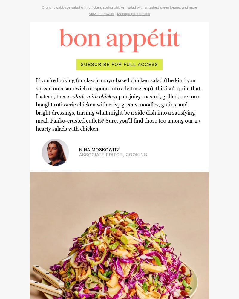 Screenshot of email sent to a Bon Appétit Newsletter subscriber