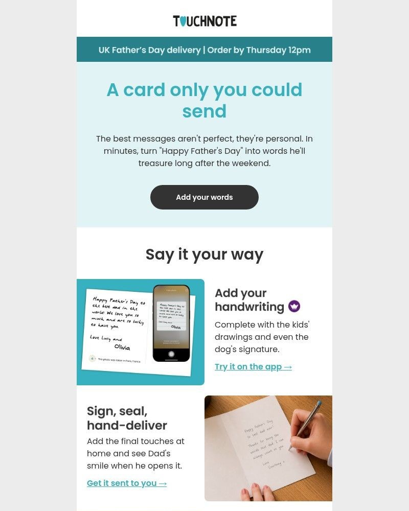 Screenshot of email sent to a TouchNote Customer