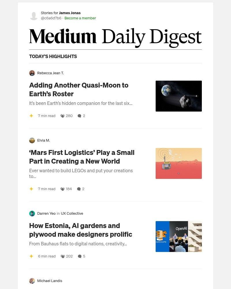 Screenshot of email sent to a Medium Registered user