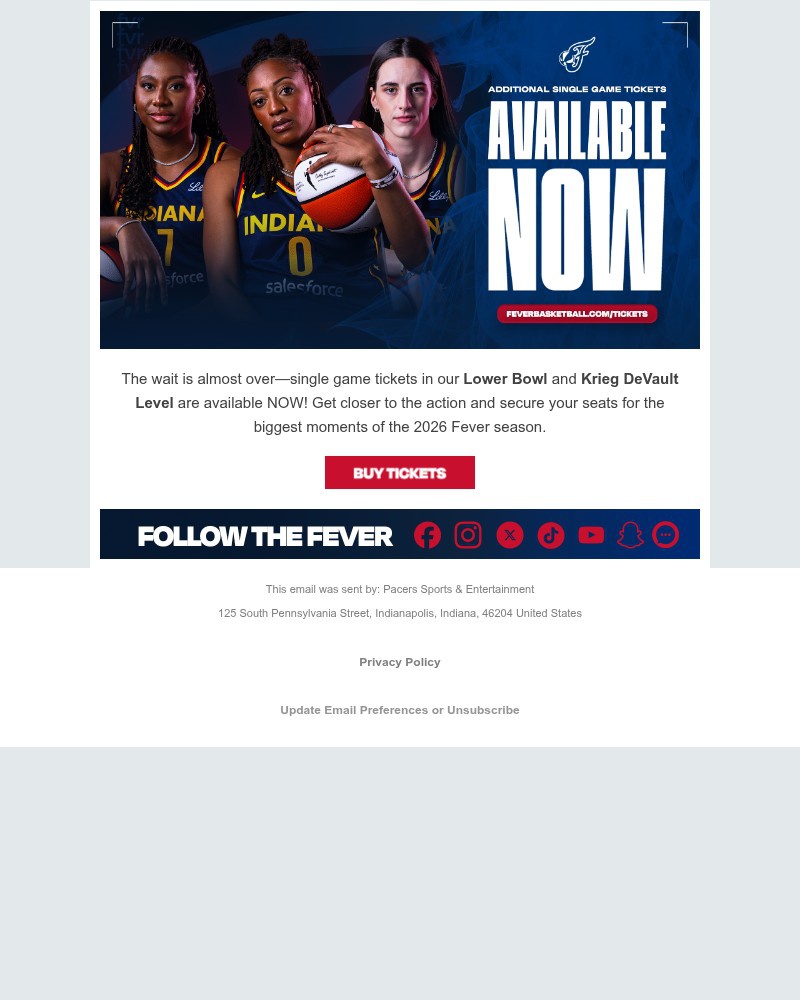 Screenshot of email sent to a Indiana Fever Newsletter subscriber