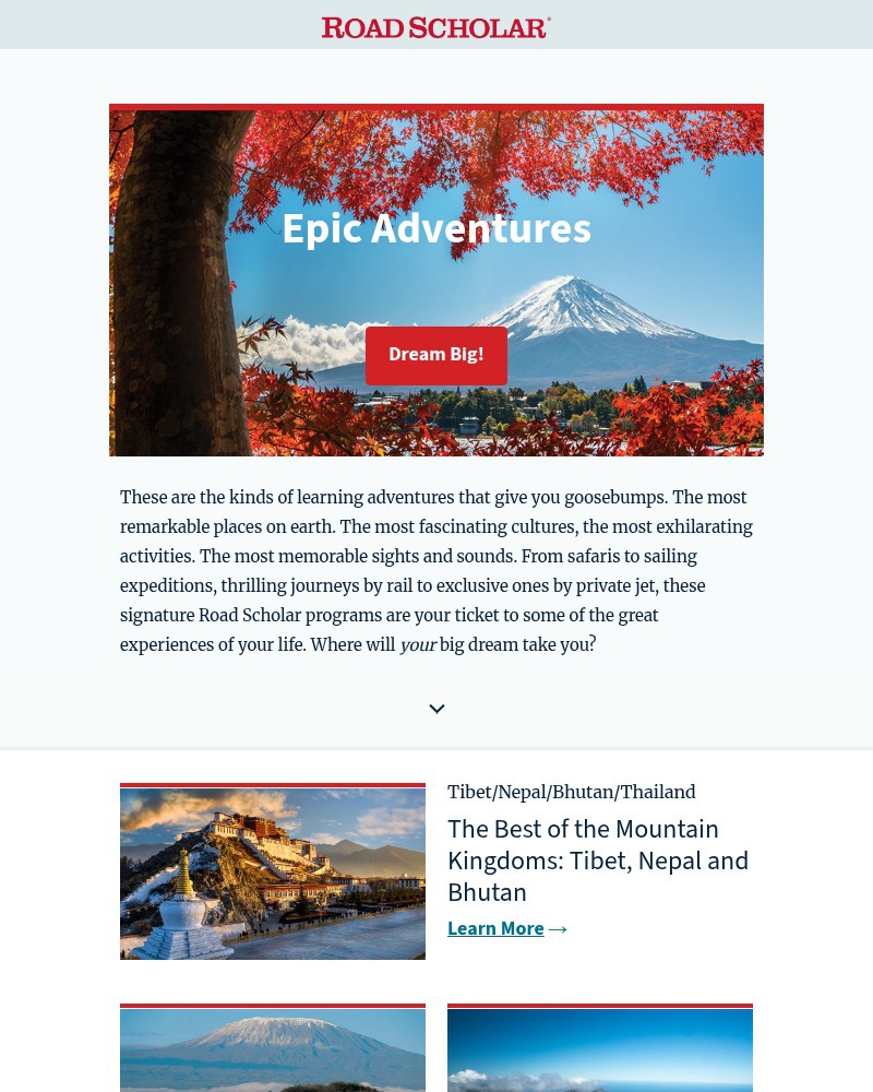 Screenshot of email sent to a Road Scholar Newsletter subscriber