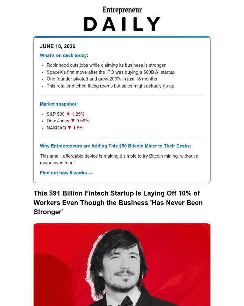 Screenshot of email sent to a Entrepreneur Newsletter subscriber