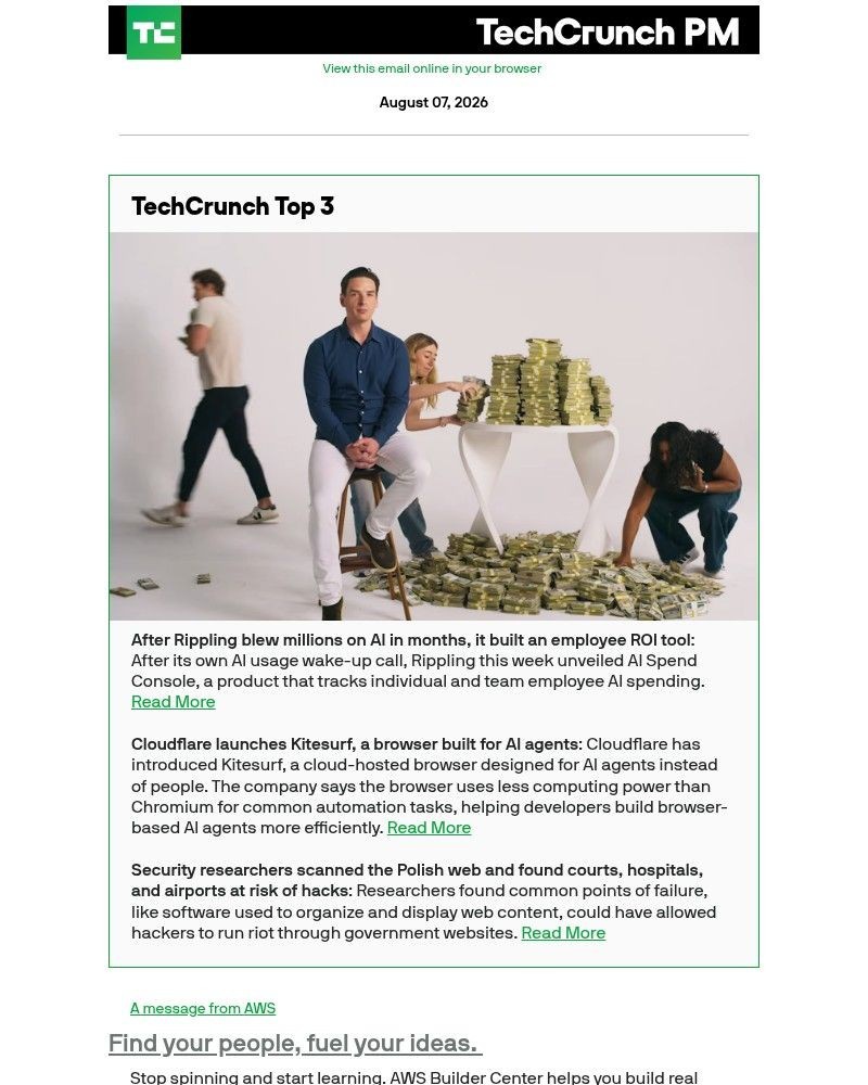 Screenshot of email sent to a Techcrunch Newsletter subscriber