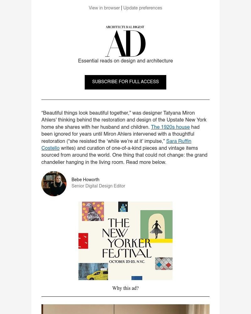 Screenshot of email sent to a Architectural Digest Newsletter subscriber