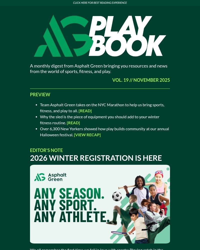 Screenshot of email sent to a Asphalt Green Newsletter subscriber