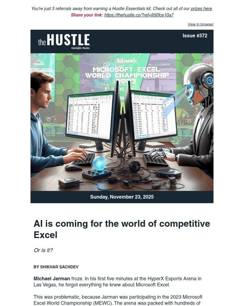 Screenshot of email sent to a The Hustle Newsletter subscriber