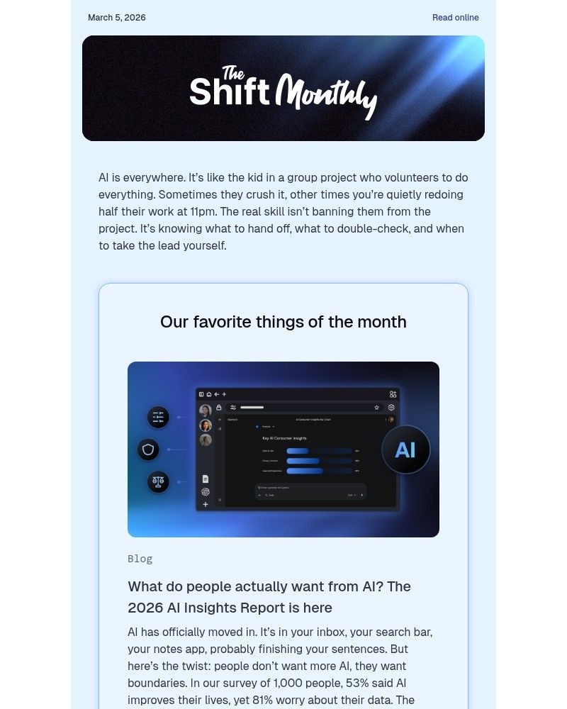 Screenshot of email sent to a Shift Newsletter subscriber