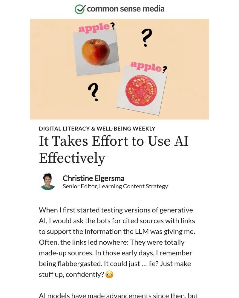 Screenshot of email sent to a Common Sense Newsletter subscriber