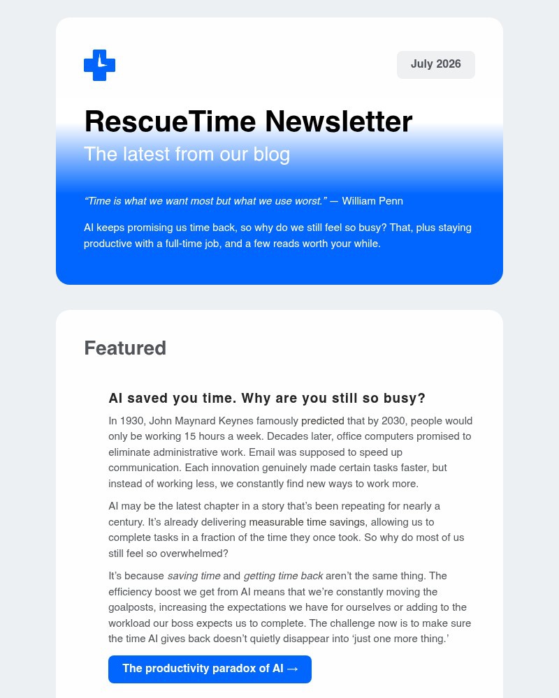 Screenshot of email sent to a RescueTime Newsletter subscriber
