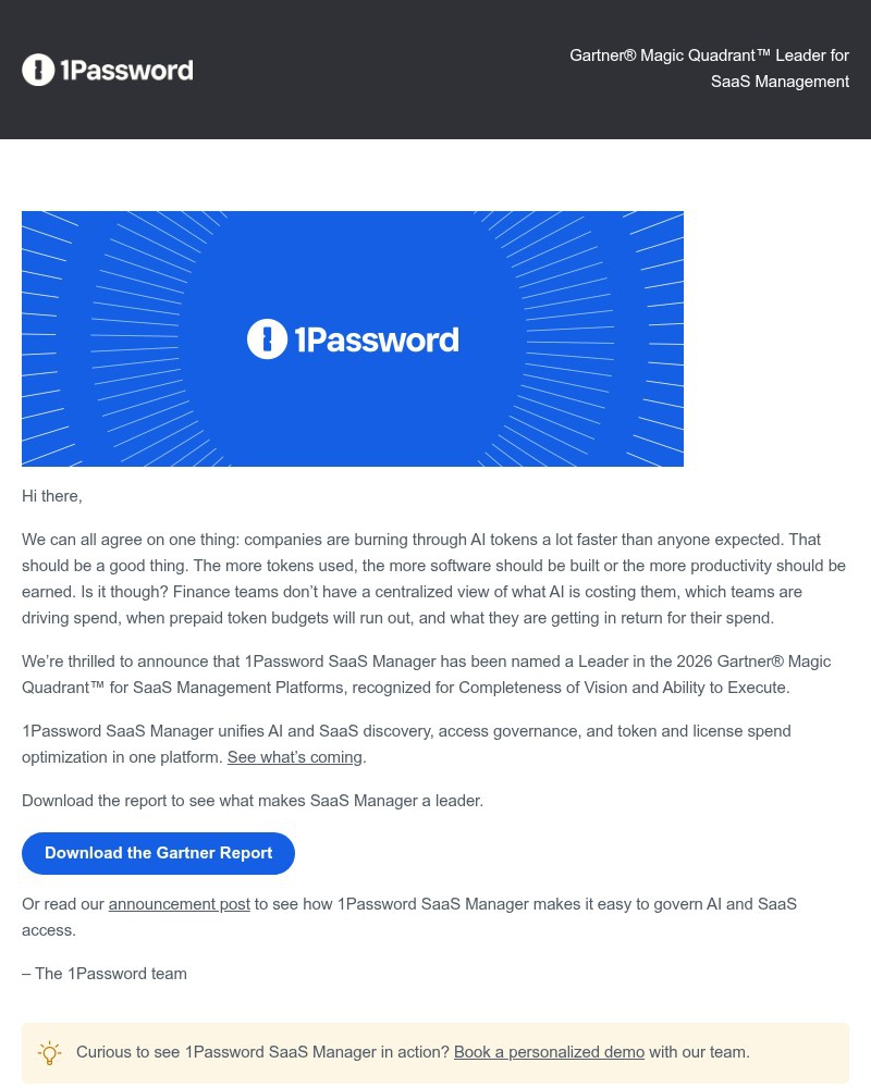 Screenshot of email sent to a 1Password Registered user