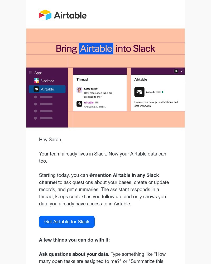 Screenshot of email sent to a Airtable Registered user