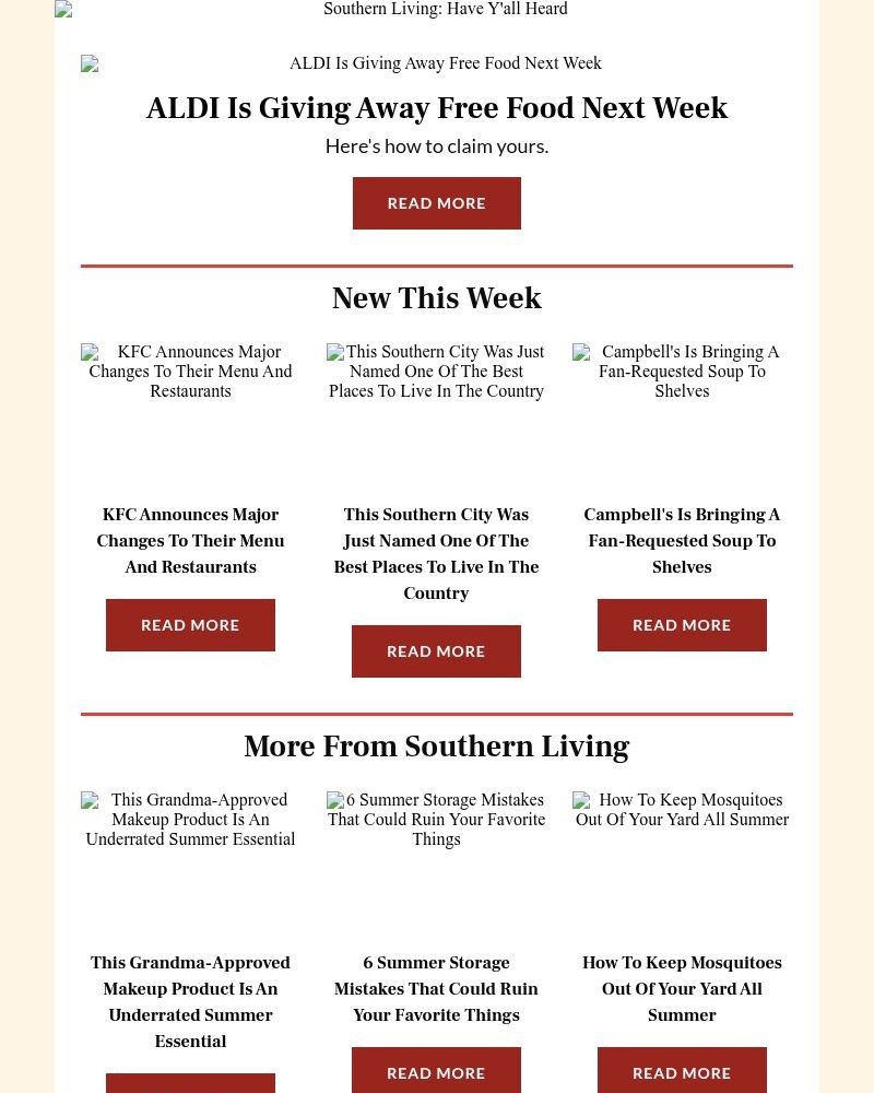 Screenshot of email sent to a Southern Living Newsletter subscriber