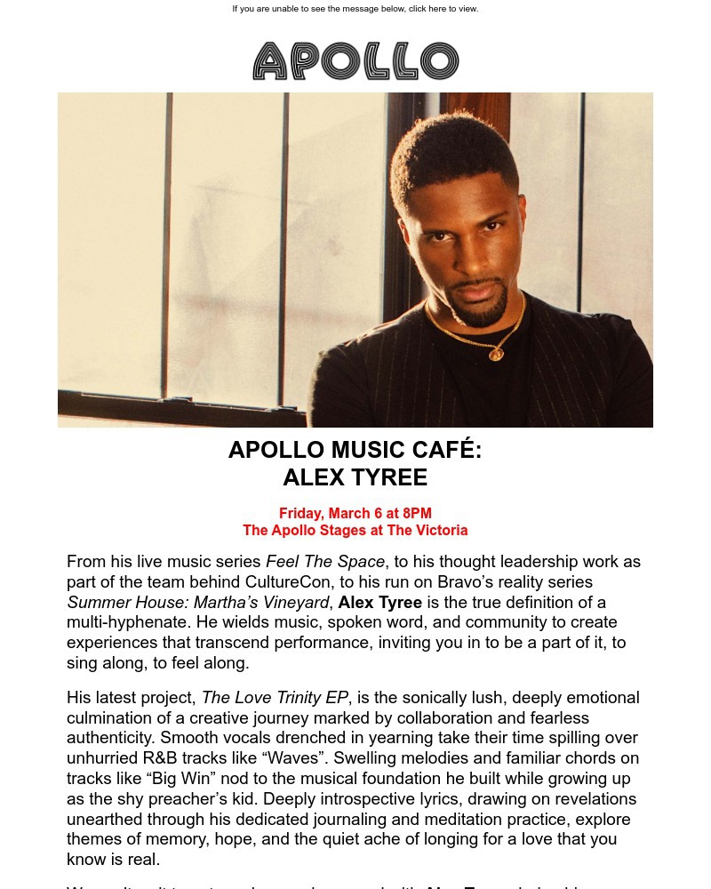 Screenshot of email sent to a Apollo Theater Newsletter subscriber