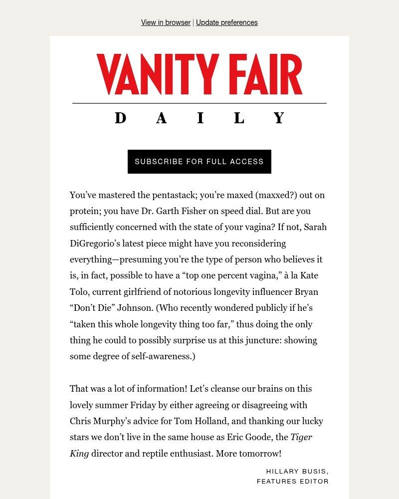 Screenshot of email sent to a Vanity Fair Newsletter subscriber