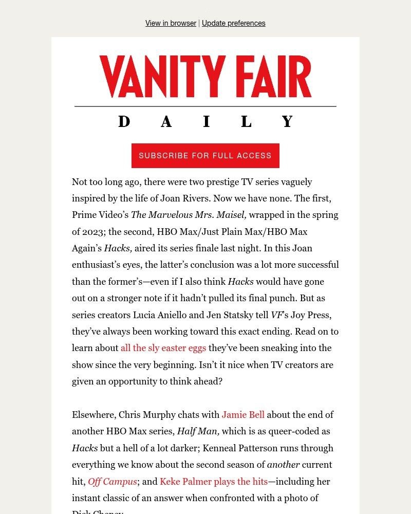 Screenshot of email sent to a Vanity Fair Newsletter subscriber