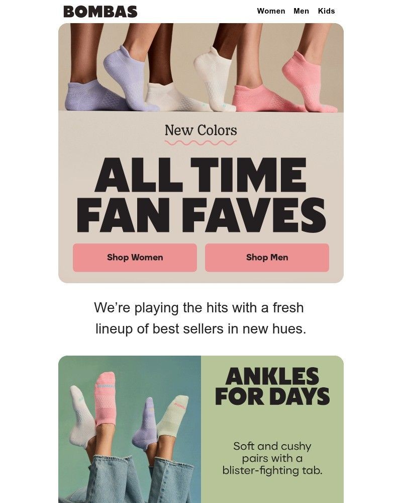 Screenshot of email sent to a Bombas Newsletter subscriber