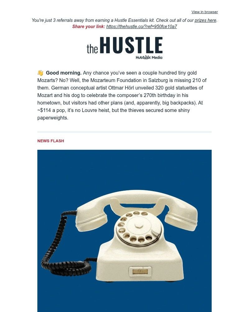 Screenshot of email sent to a The Hustle Newsletter subscriber
