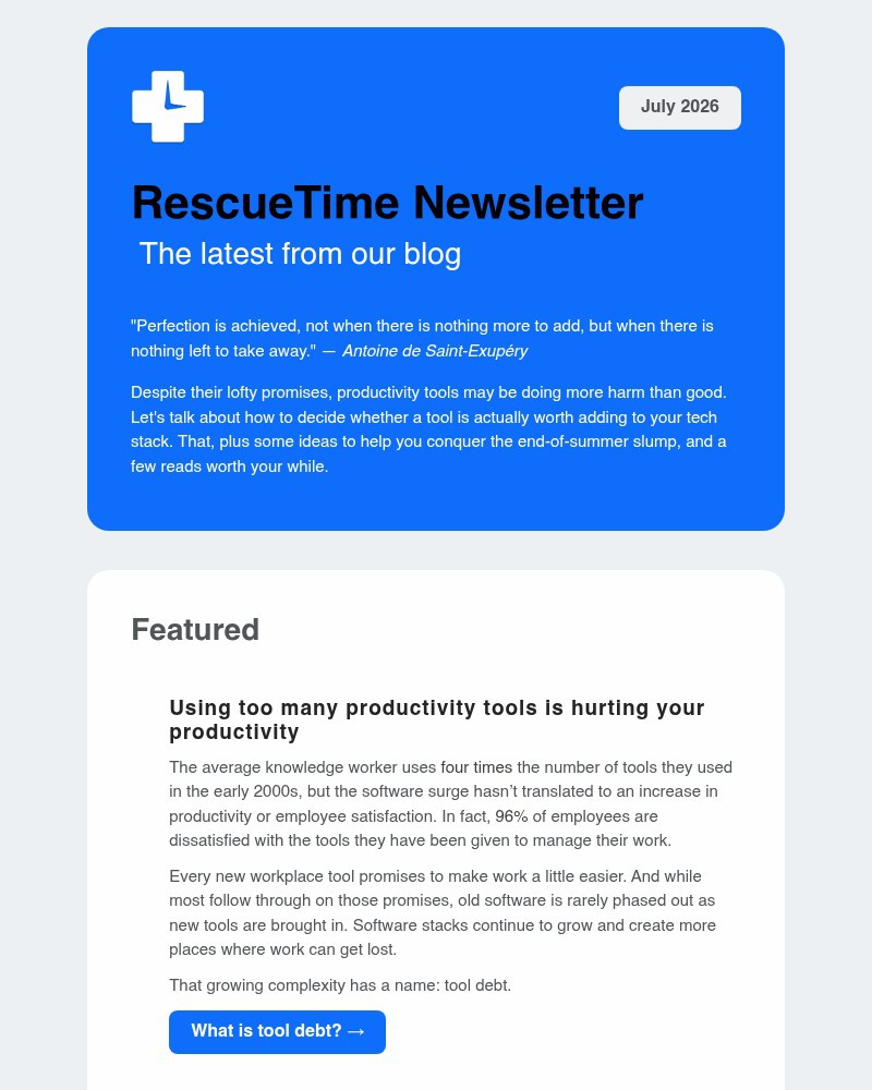 Screenshot of email sent to a RescueTime Newsletter subscriber