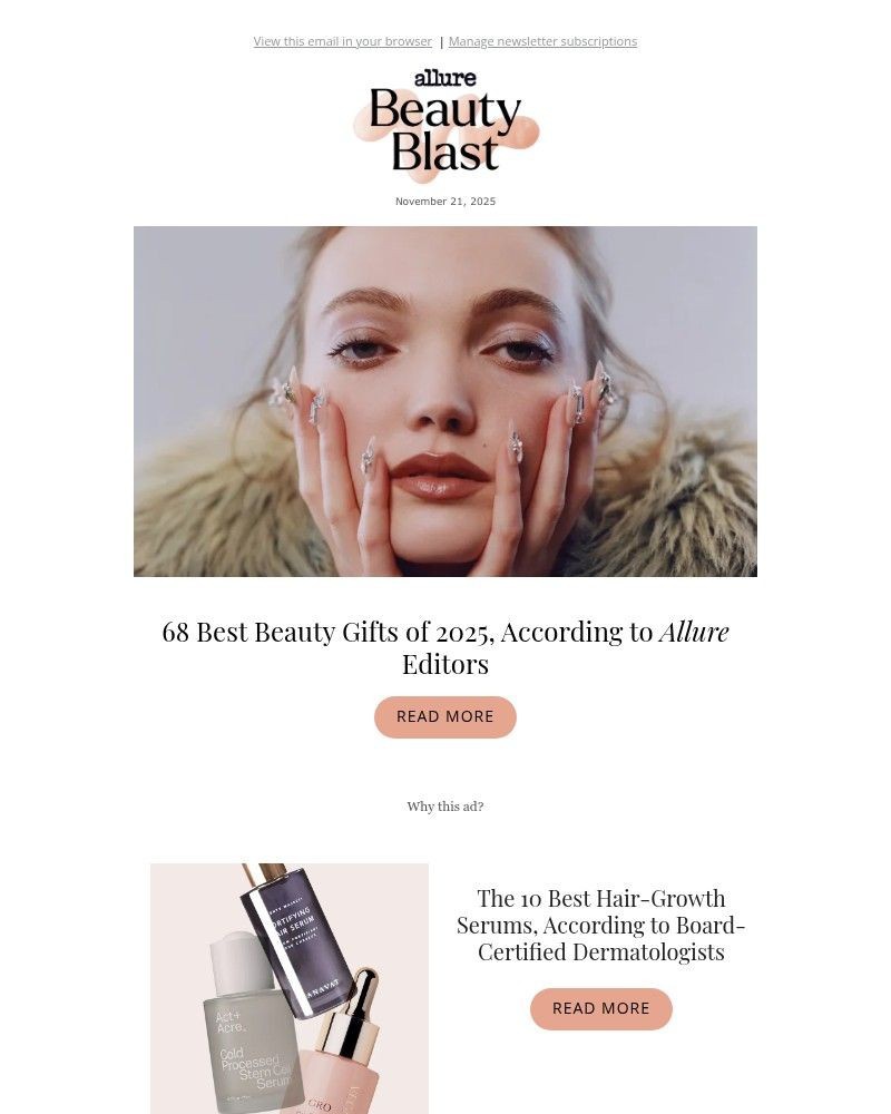Screenshot of email sent to a allure Newsletter subscriber