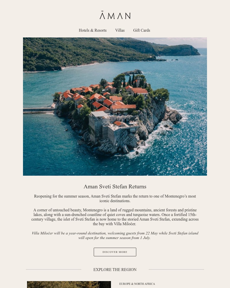 Screenshot of email sent to a Aman Resorts Newsletter subscriber